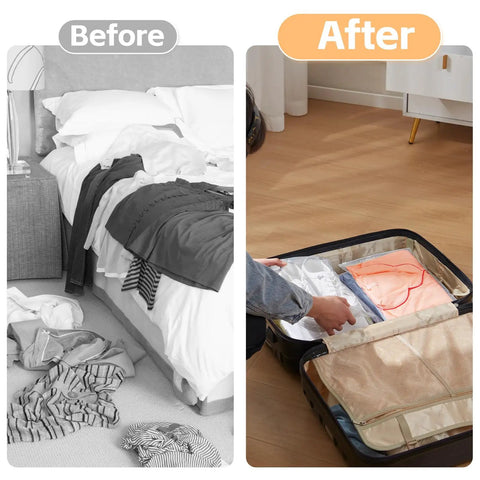 Before and after using 50 Pack Clear Zipper Storage Bags 8x10 Inches Waterproof Reusable Travel Organizers For Clothes