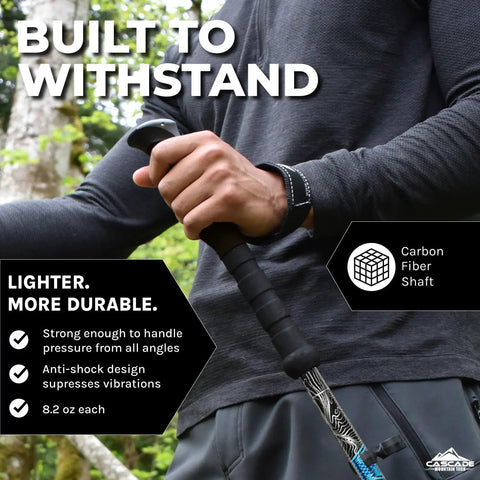 Lightweight Carbon Fiber Trekking Poles Set Of 2 With Quick Adjustable Locks For Hiking And Walking Blue Your Go To Gear For Trails And All Day Adventures Outdoors held by a person in a black outfit.