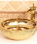 Super Slick Round Vessel Sink For Bathroom Vanity Killer Gold Ceramic Countertop Wash Basin with detailed floral design.
