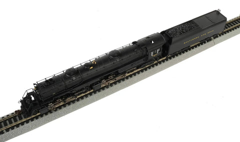 Top view of EM-1 2-8-8-4 DCC Sound Dope Equipped Steam Locomotive for N Scale with Econami Sound Value Decoder on track.