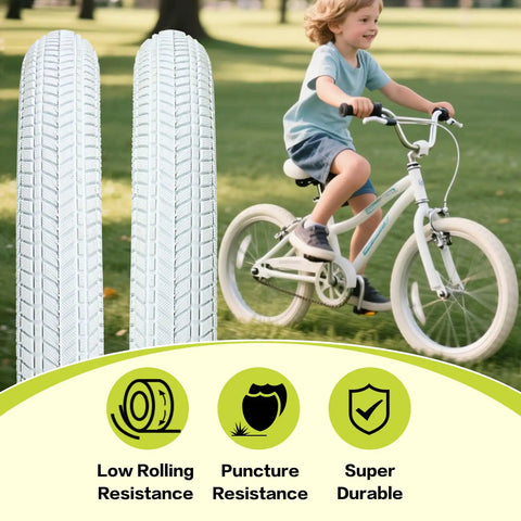 Two Pack 16X2.125 Bike Tires With Inner Tubes And Tire Levers For 16/18/20 Inch Kids Bikes And BMX White beside child biking