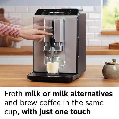 Fully Automatic Espresso Machine With Milk Frother System And Touch Control Panel Plus Cup Warmer for making lattes.