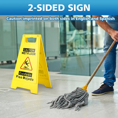 2 Pack Caution Wet Floor Sign Bright Yellow 17.5 Inch Height Double Sided Foldable A Frame With English And Spanish Caution Wet Floor Messages