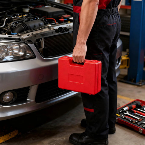 Esakoya brake line flaring tool kit red plastic carrying case side view held by mechanic beside a car