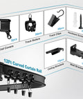 All-In-One Bendable Ceiling Curtain Track System With 12Ft Flexible Sliding Rails For Ceiling Or Wall Mount No-Fuss Hardware Included For Easy Install Black Room Divider Curtain Rail Kit Ideal For Showers RVs And Home Use components showing end covers, rollers, clips, screws, brackets.