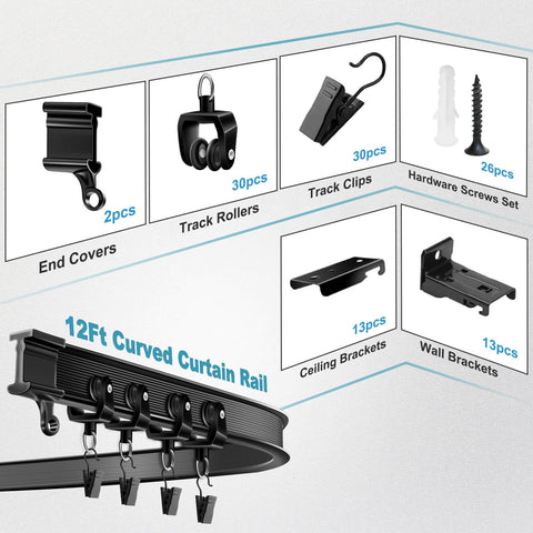 All-In-One Bendable Ceiling Curtain Track System With 12Ft Flexible Sliding Rails For Ceiling Or Wall Mount No-Fuss Hardware Included For Easy Install Black Room Divider Curtain Rail Kit Ideal For Showers RVs And Home Use components showing end covers, rollers, clips, screws, brackets.