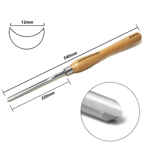 Rock Solid M2 High Speed Steel Spindle Gouge With Cryo Enhancement And Premium Beech Handle, showing dimensions and details.