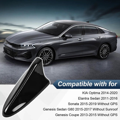 Shark Fin Antenna Cover Cap For Kia Optima Sonata Elantra And Genesis G80 Roof Aerial Base Replacement displayed with car model images.