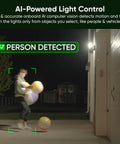 Floodlight Security Camera Pro With 2.5K HD Color Night Vision, 180 Degree Wide View, illuminating a person outside at night.