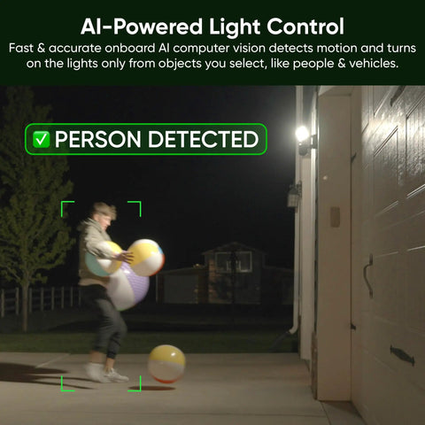 Floodlight Security Camera Pro With 2.5K HD Color Night Vision, 180 Degree Wide View, illuminating a person outside at night.