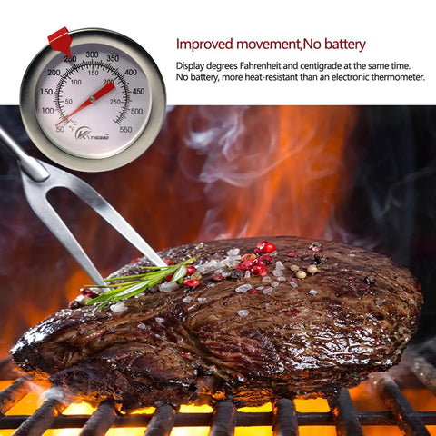Analog 12 Inch Candy And Deep Fry Thermometer With Instant Read Dial above grilled meat on BBQ.