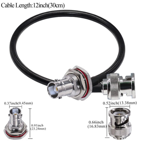 RG58 BNC Jumper Cable 50 Ohm Low Loss Coax Cable Male To Female Bulkhead 12 Inch 30 Cm with connector dimensions shown