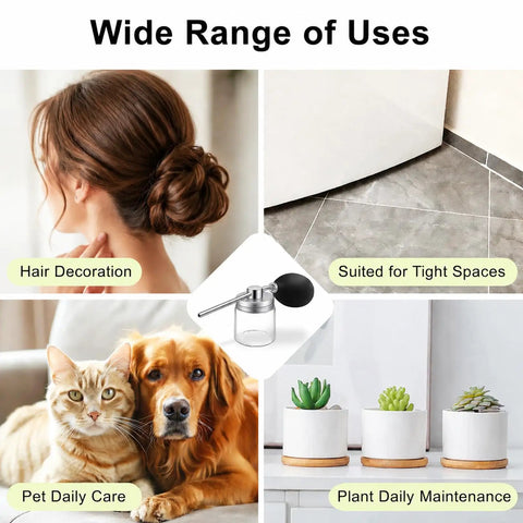 Multipurpose Powder Duster Applicator With Manual Spray Bottle for various uses in hair, pets, plants, and small spaces.