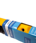 Real Deal Heavy Duty Multi Surface Push Broom Featuring Stain Resistant Coarse Polypropylene Bristles And Solid Plastic Block Head for tough garage chores, close-up view of broom head.