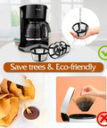 Four Pack Reusable Coffee Filters With Handle For Eight To Twelve Cup Mr Coffee And Black Decker Coffee Makers Eco Friendly Easy Clean Durable Basket Replacement shown with coffee maker and paper filter comparison.