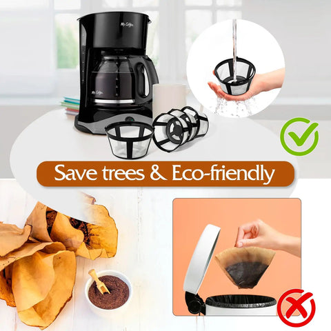 Four Pack Reusable Coffee Filters With Handle For Eight To Twelve Cup Mr Coffee And Black Decker Coffee Makers Eco Friendly Easy Clean Durable Basket Replacement shown with coffee maker and paper filter comparison.