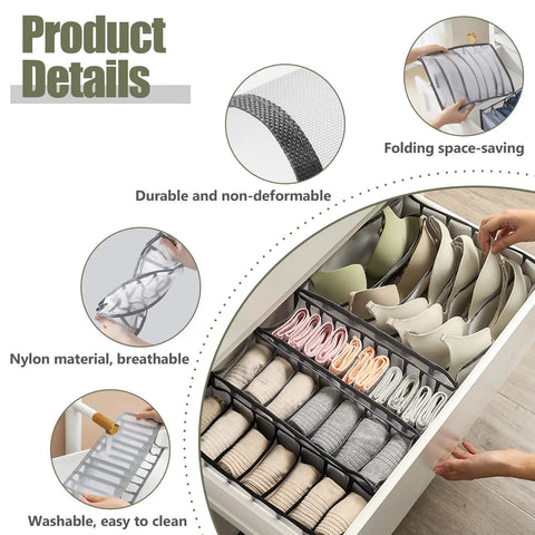 Jeans Organizer For Closet Extra Large 7 Grid Wardrobe Storage Box with handle, durable gray foldable nylon for jeans and sweaters