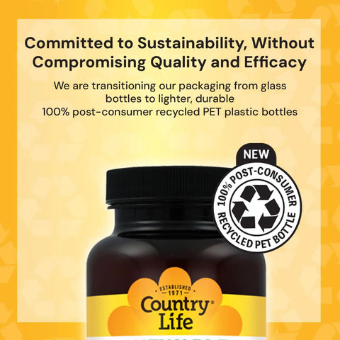Country Life bottle made from recycled PET plastic with sustainability message and 100% post-consumer recycled label.