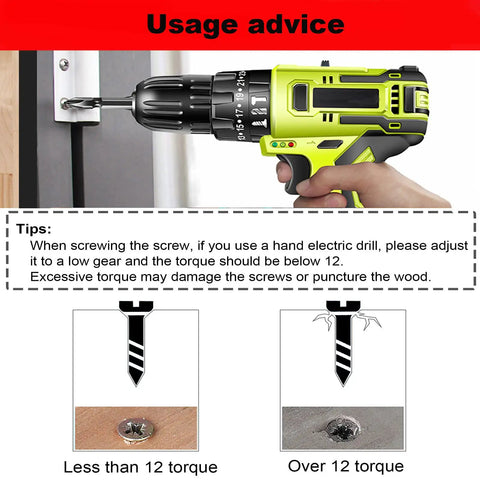 Usage advice for Heavy Duty Size 6 X 3/4 Inch Black Oxide Self Tapping Wood Screws with torque instructions