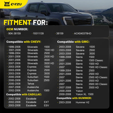 Image showing compatibility chart for AC Drive Belt Tensioner Kit Bolt-On, models include Chevy, GMC, Cadillac, and Hummer with OEM numbers.