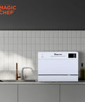 Real Deal Compact Countertop Dishwasher For Modern Kitchens Clean Cycle For Six Place Settings With A Durable Stainless Steel Tub And Super Chill Quiet Operation No Sweat Push Button Controls Space Savvy Portable Mini Washing Machine In Fresh White placed on a kitchen counter.