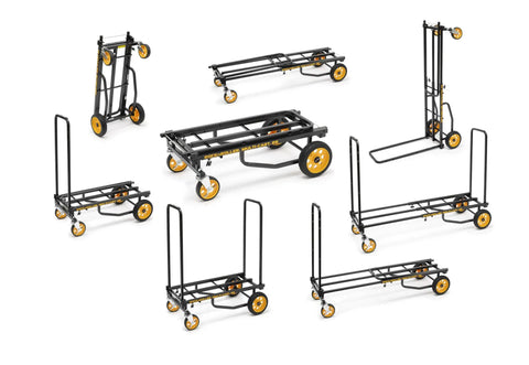 Various configurations of the Rock-N-Roller R8rt Mid-Size 8-In-1 Folding Hand Truck Dolly, featuring heavy-duty steel and smooth rolling wheels.