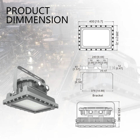 Heavy Duty Led Explosion Proof Flood Light Built Tough For Hazardous Work Zones With Real American Grit And Serious Lumen Kick For Factories Chemical Plants And Industrial Docks dimension diagram with size and bracket details.