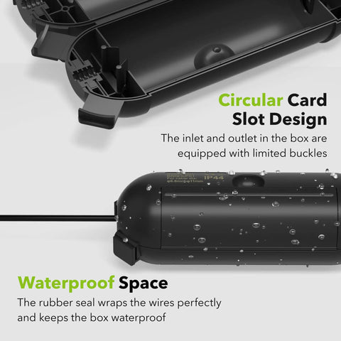 Black 3 Pack Outdoor Extension Cord Cover Waterproof Plug Protector showing circular card slot design and waterproof space