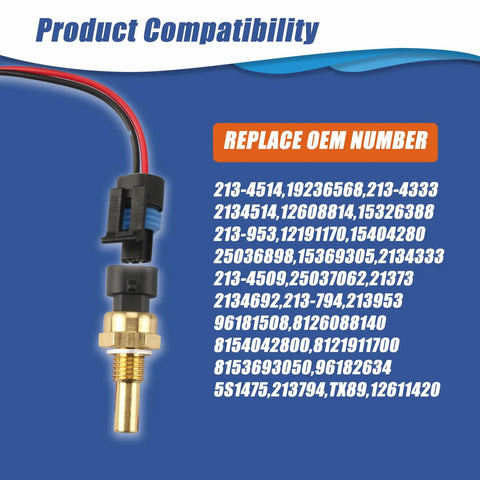 Solid Plug Engine Coolant Temperature Sensor With Pigtail Connector For Chevy Tahoe Silverado GMC Sierra Yukon Buick LaCrosse compatibility list with OEM numbers