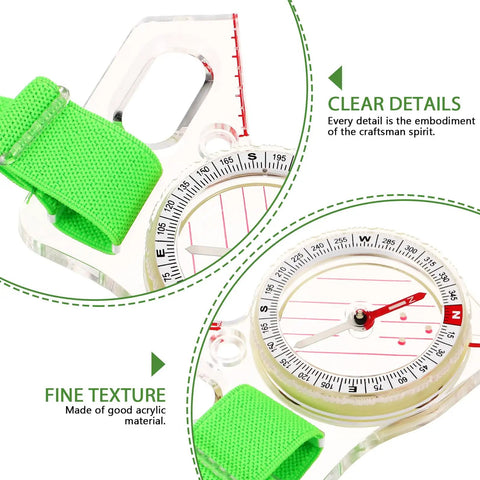 Directional Thumb Orienteering Compass Handheld Outdoor Navigation Tool for Hiking and Camping with green strap, acrylic body.