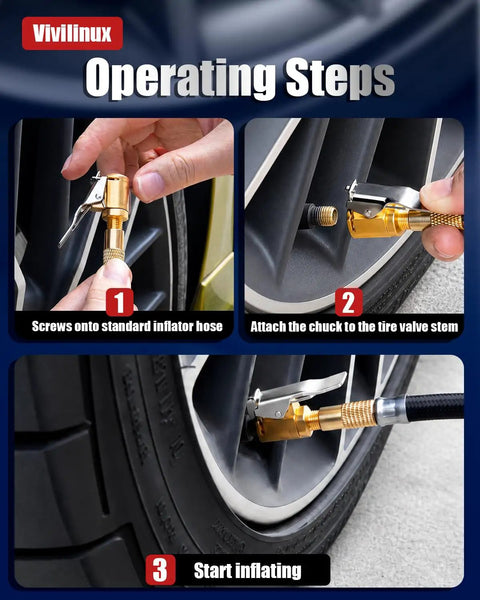 Two Pack Brass Locking Tire Air Chucks With Clip Adapter For Quick Connect To Tire Inflators And Air Compressors Fits 8mm Valve