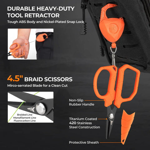 SteelStream 6pc Fishing Tool Kit with retractor and braid scissors hanging from a bag, showing ABS lock and serrated blades.