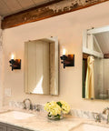 Rustic Wall Light Sconce With Seeded Glass Shade And Vintage Edison Bulb Look in bathroom setting, metal wood lamp fixture