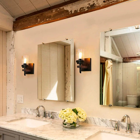 Rustic Wall Light Sconce With Seeded Glass Shade And Vintage Edison Bulb Look in bathroom setting, metal wood lamp fixture