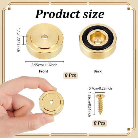 Solid Brass Cutting Board Feet With Grippy Silicone Pads, 8 pcs, measuring 1.16 inch front view with rubber insert.