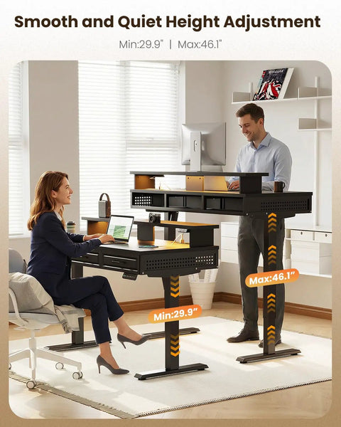 Electric Standing Desk With Three Wooden Drawers, 48 Inch Wide Height Adjustable Sit Stand Desk With Built In Power Outlets And LED Lights