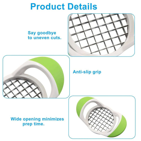 Aoserge 1-pack potato fries cutter; white handheld tool with stainless steel grid blades and green anti-slip grips.