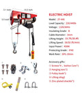 Heavy Duty 440 Lb Electric Hoist With 110V Winch And 14Ft Wired Remote Control For Lifting In Factories, Warehouses, Construction Sites, And Attics, Safe Auto Brake, Emergency Stop, Limit Switch And Anti Overload Protection with dimensions and specifications.