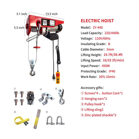 Heavy Duty 440 Lb Electric Hoist With 110V Winch And 14Ft Wired Remote Control For Lifting In Factories, Warehouses, Construction Sites, And Attics, Safe Auto Brake, Emergency Stop, Limit Switch And Anti Overload Protection with dimensions and specifications.