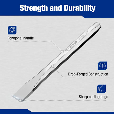 Knockout Five Piece Punch And Chisel Set Forged From Tough Chrome Vanadium Steel showing drop-forged chisel with a sharp cutting edge.