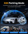 24H Parking Mode with 4 Channel 360 Degree Dash Cam, showing car under protective dome, highlighting time-lapse and collision detection