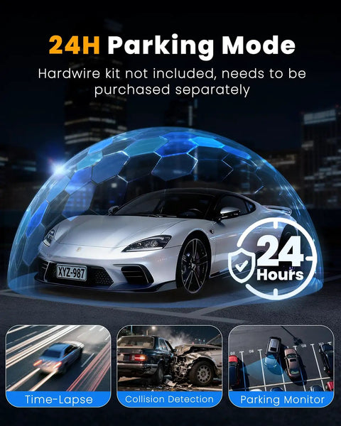 24H Parking Mode with 4 Channel 360 Degree Dash Cam, showing car under protective dome, highlighting time-lapse and collision detection