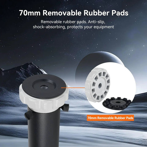 Close-up of 70mm removable rubber pads on telescope tripod, showcasing anti-slip, shock-absorbing features against night sky.