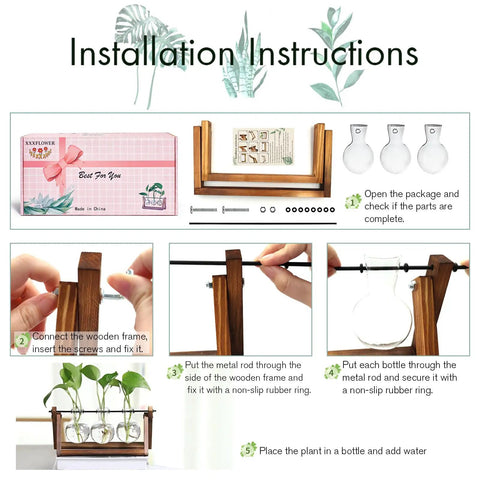 Installation instructions for Terrarium Plant Display With Wooden Stand And Glass Bulb Vases, Vintage Metal Swivel Holder