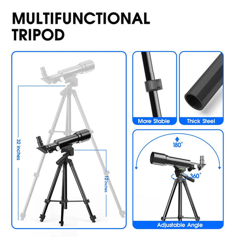Portable 50mm Aperture 360mm Focal Length Refractor Telescope With AZ Mount For Beginners And Kids, Upgraded Tripod, Phone Adapter, Fully Coated Optics, Easy Setup, White black tripod with adjustable angle, thick steel legs, 32-inch height