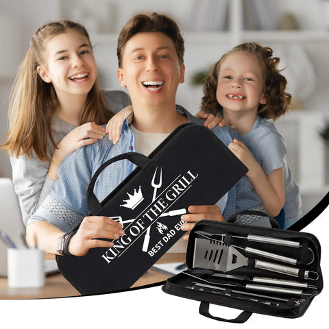 19Pcs Fathers Day BBQ Grill Tools Set With Apron Portable Bag Heavy Duty Stainless Steel Utensils Barbecue Accessories Kit For Men Grill Master Gift For Dad Papa Birthday Present displayed with family in background
