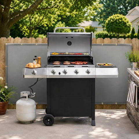 Heavy Duty Fireproof Grill Backsplash Mat To Shield Your Deck Fence And Railing From Scorching Heat Grease Splatter And Smoke near grilling station.