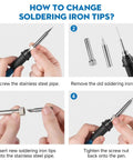 Step-by-step guide showing how to change soldering iron tips for 60W Adjustable Temperature Soldering Iron Kit for Electronics and Jewelry Repair