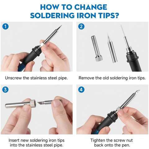 Step-by-step guide showing how to change soldering iron tips for 60W Adjustable Temperature Soldering Iron Kit for Electronics and Jewelry Repair