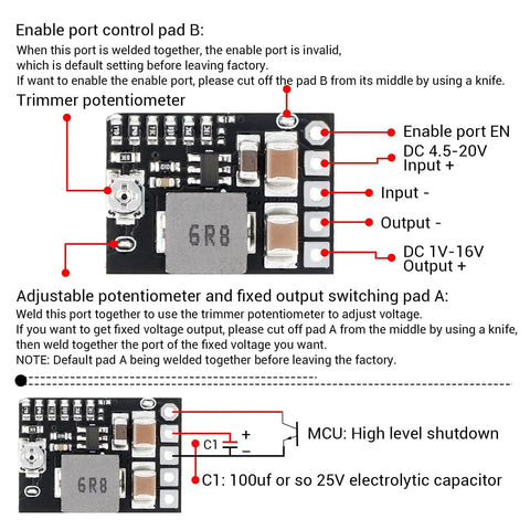 Five Pack Mini DC Buck Converter Set 4.5 to 20V Input to 5V Output With Adjustable 1 to 16V Or Fixed 5V 9V 12V 3A 10W Step Down Regulator Board close-up